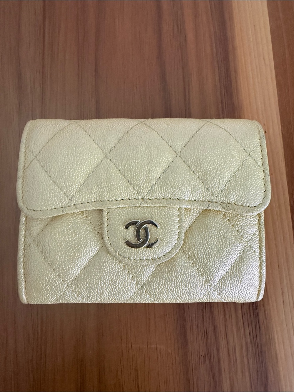 CHANEL Quilted Compact Wallet in Light Gold